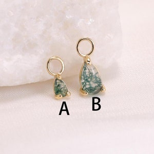 14K Solid Gold Pear Moss Agate Earring Charm, Dangle Gemstone Conch Hoop Clicker Charm, Real Gold Helix Cartilage Rook Ring Huggie Charm