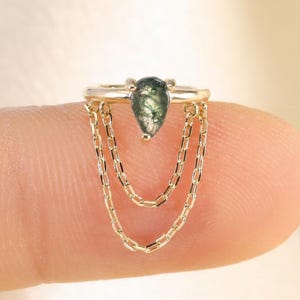 14K Solid Gold Pear Moss Agate Hoop Earring, Dangle Chain Cartilage Hoop Earring, Gemstone Huggie Earring, Dainty Hoop Earring Gift for her