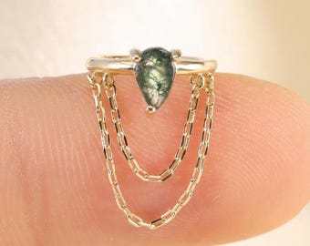 14K Solid Gold Pear Moss Agate Hoop Earring, Dangle Chain Cartilage Hoop Earring, Gemstone Huggie Earring, Dainty Hoop Earring Gift for her