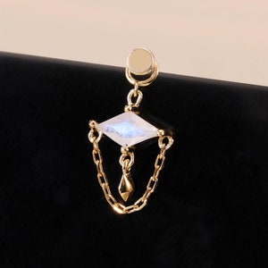 14K Solid Gold Moonstone Charm, Dangle Rhombic Shaped Moonstone Chain Attachment, Gold Helix Conch Charm, Dangle Chain Connector Piercing