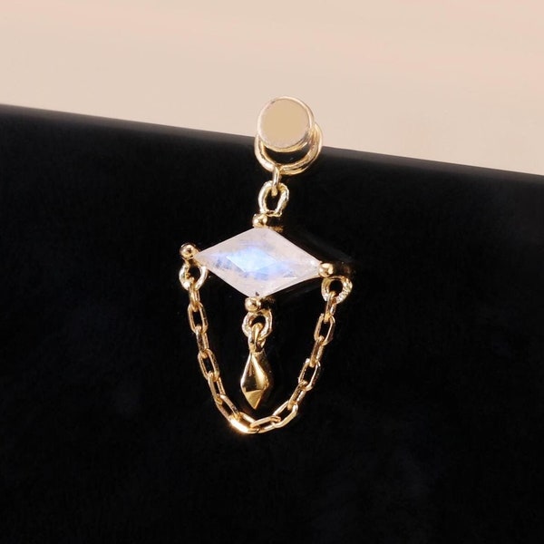 Dije de piedra lunar en oro macizo de 14 quilates, cadena colgante de piedra lunar en forma de rombo, dije de caracola de oro, piercing con conector de cadena colgante