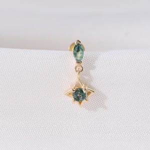 Piercing em estrela de ágata musgo de ouro maciço 14K, pino sem rosca em estrela com pedra preciosa dourada, brinco de concha de lóbulo de orelha de ouro verdadeiro com hélice e parte traseira plana