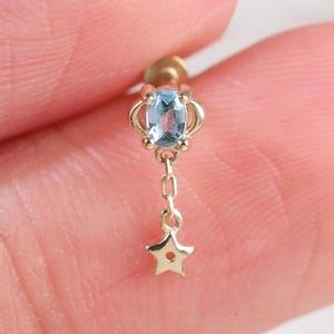 Solid 14K Gold Swiss Blue Topaz Stud: Dangle Little Star Threadless Flat Back Earring