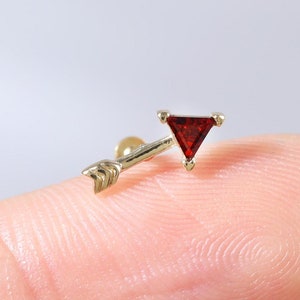 14K Solid Gold Garnet Cupid's Arrow Stud, Gold Earlobe Conch Threadless Push Pin Piercing,  Triangle Garnet Arrow Cartilage Helix Flat Back
