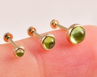 14K Solid Gold Peridot Threadless Push Pin Labret Dainty Round Gemstone Cartilage Helix Peridot Earring Tragus Stud Screw Back Earring 20G