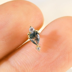 14K Solid Gold Pear Moss Agate with Moissanite Stud Earring, Cartilage Stud, Gemstone Helix Conch Stud, Gift for Her, Flat Back Earring