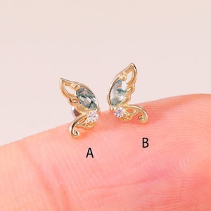 14k Solid Gold Moss Agate Butterfly Stud Earring, Gemstone Cartilage Earring, Threadless Stud, Labert Stud, Flat Back Earring, Helix Stud