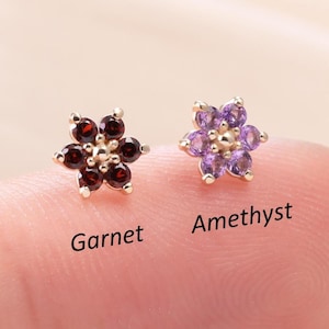 14K Solid Gold Garnet or Amethyst Flower Stud, Natural Gemstone Floral Earlobe Cartilage Piercing, Tiny Petal Conch Tragus Helix Flat Back