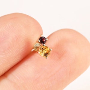14K Solid Gold Orange Sapphire Double Gemstone Threadless Pin Earring, Gold Citrine Helix Stud, Cartilage Piercing, Flat Back Earring