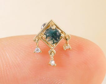 14K Solid Gold Dangle Moss Agate Stud Earring, Drop Gemstone Cartilage Helix Piercing, Gold Threadless Push Pin Flat Back Stud