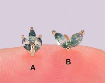 14K Solid Gold Natural Moss Agate Leaf Earring, Petal Marquise Shaped Stud, Threadless Push Pin Stud, Cartilage Helix Conch Tragus Piercing