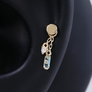 14K Solid Gold Dangle Swiss Blue Toapz Charm, Moissanite Hoop Clicker Rook Ring Charm, Cartilage Barbell Helix Huggie Dangle Earring Charm