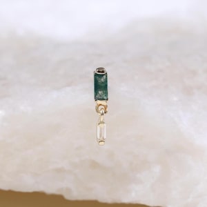 14K Solid Gold Moss Agate Dangle Earring, Dainty White Topaz Piercing, Earlobe Conch Helix Cartilage Tragus Threadless Pin, Flat Back Stud