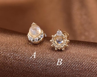 14K Solid Gold Moonstone with Moissanite Stud, Shining Moon Conch Cartilage Push Pin Piercing, Gemstone Helix Threadless Flat Back Earring