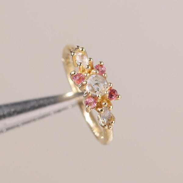14K Solid Gold Pink Tourmaline with Labradorite Floral Clicker, Flower Cartilage Conch Hinged Hoop, Gemstone Helix Tragus Clicker Piercing