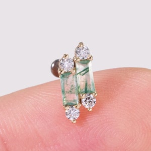 14k Solid Gold Moss Agate With Moissanite Stud Earring, Double Baguette Cartilage Helix Flat Back, Tragus Earlobe Conch Threadless Push Pin