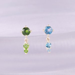 14K Solid Gold Dangle Drop Diopside Stud, London Blue Topaz Helix Cartilage Flat Back Earring, Gemstone Earlobe Conch Threadless Pin Stud