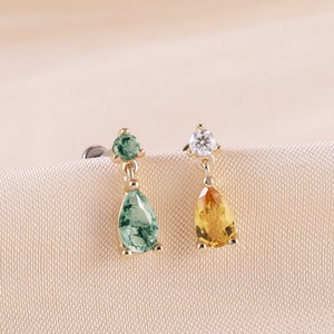 14K Solid Gold Pear Cut Moss Agate Dangle Drop  Citrine Earring Natural Gemstone Cartilage Stud Helix Conch Tragus Earring Flat Back