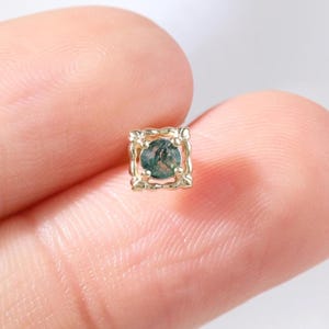 14K Solid Gold Moss Agate Square Flat Back Earring, Real Gold Texture Helix Cartilage Earlobe Piercing, Gemstone Conch Threadless Pin Stud