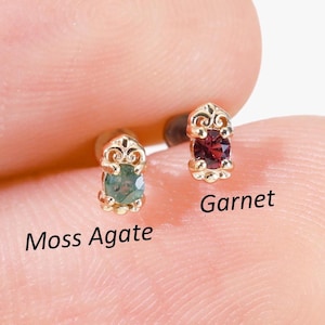 14K Solid Gold Moss Agate Piercing, Gold Garnet Dainty Earring, Gemstone Dainty Helix Conch Tragus Daith Earlobe Flat Back, Threadless Pin