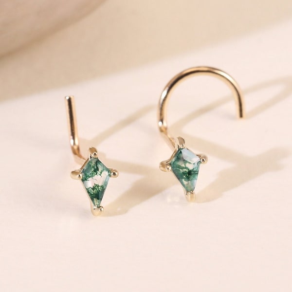 14K Solid Gold Kite Shaped Moss Agate Nose Stud, Real Gold Moss Agate Nose Jewelry, Unique Nose Ring Stud Gemstone Nose Piercing 20G