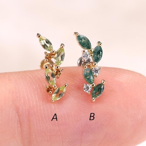 14K Solid Gold Leaf Moss Agate with Moissanite Stud, Peridot with Citrine Helix Conch Earring, Gemstone Cartilage Earlobe Push Back Piercing