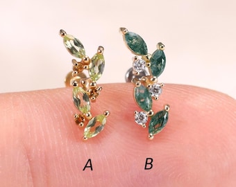 14K Solid Gold Leaf Moss Agate with Moissanite Stud, Peridot with Citrine Helix Conch Earring, Gemstone Cartilage Earlobe Push Back Piercing