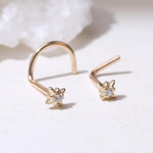 14K Solid Gold Moissanite Nose Stud, Solid Gold Diamond Star L Shaped Nose Piercing, Real Gold 20G S Shaped Star Corkscrew Nose Ring
