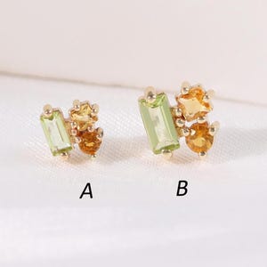 14K Solid Gold Peridot with Citrine Cartilage Stud, Gemstone Lobe Threadless Push Pin Piercing, Helix Conch Tragus Nose Flat Back Earring