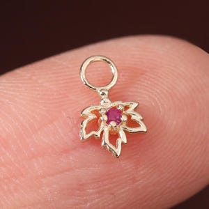 14K Solid Gold Ruby Maple Leaf Charm Connector, Gemstone Nature-Inspired Cartilage Piercing, Helix Lobe Conch Tragus Clicker Charm Earring