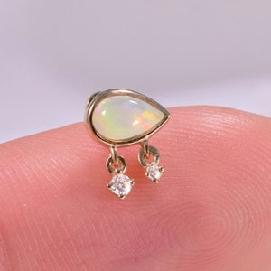 14K Solid Gold Natural Opal Pear Shape Stud Opal Teardrop With Moissanite Earring Threadless Flat back Push Pin Tragus Cartilage Helix Stud