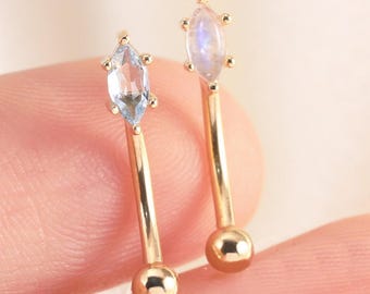 14K Solid Gold Moonstone Rook Eyebrow Piercing, Marquise Swiss Blue Topaz Rook Ring, Gemstone Curved Barbell Belly Navel Rook Piercing 16G