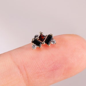 14K Solid Gold Garnet with Black Onyx Crown Stud, Gemstone Cartilage Stud, Moissanite Climber Piercing, Threadless Pin, Flat Back Earring