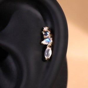 14K Solid Gold Moonstone Climber Stud, Moonstone Cartilage Earring, Helix Stud, Conch Earring, Flat Back Earring, Tragus Threadless Stud