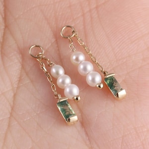 14K Solid Gold Moosachat mit Perlen Charm, Gold baumeln Edelstein Helix Kette Charm Piercing, Süßwasser Perle Knorpel Conch Charm Ohrring