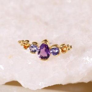 Aretes de oro macizo de 14 quilates con amatista, tanzanita y citrino, estilo trepador de abanico, delicados aretes de oro con forma de murciélago, hélice, caracola y cartílago, sin rosca.