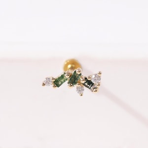 14K Solid Gold Moss Agate with Moissanite Push Back, Gemstone Helix Conch Threadless Pin Climber, Cluster Tragus Earlobe Cartilage Jewelry