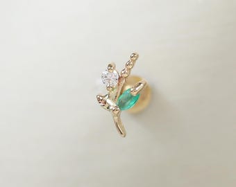 14K Solid Gold Green Tourmaline / Moissanite Leaf Earring, Gemstone Botanical Flat Back Stud, Cartilage Helix Lobe Jewelry By LeiTjewelry