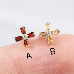 14K Solid Gold Garnet with Moissanite Flower Stud, Citrine Floral Cartilage Flat Back Earring, Windmill Helix Conch Threadless Pin Piercing