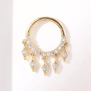 14K Solid Gold Kite Moissanite Dangle Clicker, Septum Helix Cartilage Seamless Hoop Huggie, 16G Drop Gemstone Conch Segment Hinged Ring