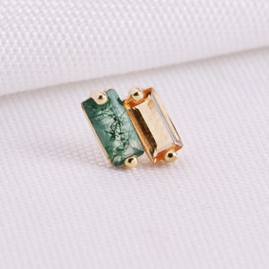 14k Solid Gold Moss Agate Baguette Cartilage Earring, Tiny Baguette Stud Citrine Conch Earring Helix Stud, Tragus Piercing Flat Back Earring