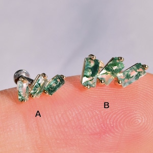 14K Gold Moss Agate Earring Threadless Push Pin Flat Back Stud Baguette Cut Climber Earring Cartilage Helix Conch Earring Flat Back Earring
