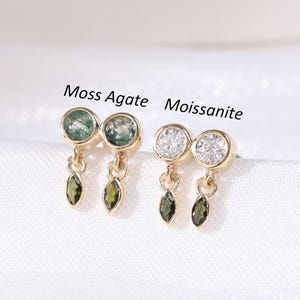 14K Solid Gold Moss Agate with Green Tourmaline Stud, Moissanite Double Gemstone Drop Earlobe Cartilage Earring, Flat Back Piercing Jewelry
