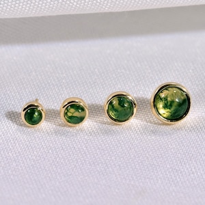 14K Solid Gold Moss Agate Threadless Push Pin, Round Natural Gemstone Cartilage Helix Conch Earring, Conch Nose Tragus Screw Back Piercing