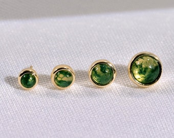 14K Solid Gold Moss Agate Threadless Push Pin, Round Natural Gemstone Cartilage Helix Conch Earring, Conch Nose Tragus Screw Back Piercing