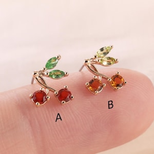 14K Solid Gold Red Agate with Tsavorite Cherry Stud, Citrine and Peridot Cartilage Helix Piercing, Fruit Cherry Conch Lobe Flat Back Stud