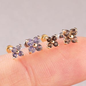 14K Solid Gold Smoky Quartz Flower Earring, Iolite Floral Helix Cartilage Conch Flat Back, Gemstone Labret Tragus Threadless Push Pin Stud