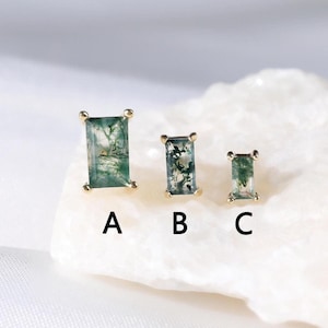 14K Solid Gold Moss Agate Baguette Push Back Stud, Tiny Green Stone Tragus Helix Lobe Earring, Threadless Flat Back Cartilage Labret Stud