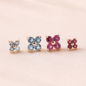 14K Solid Gold London Blue Topaz Flower Cartilage Earring, Garnet Floral Helix Conch Tragus Piercing, Gemstone Threadless Flat Back Stud