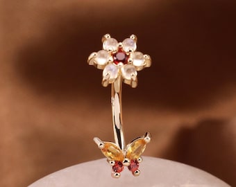 14K Solid Gold Moonstone Flower Rook Piercing, Citrine Butterfly Internally Threaded Barbell Ring, 16G Gemstone Floral Belly Eyebrow Ring